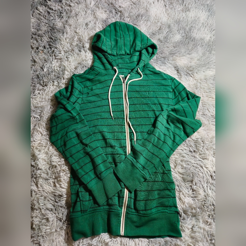 On The Byas Mens Large Green Black striped Zippup Hoodie
